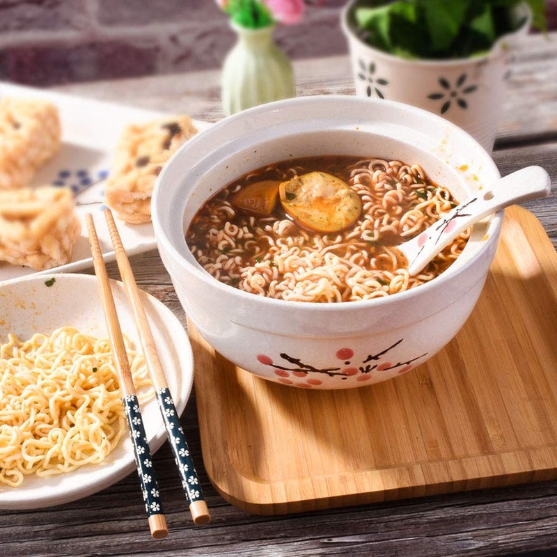 Whitenesser Ceramic Ramen Bowl with lids, Japanese Large 27.5 OZ Big Instant Noodle Bowls for Soup Rice and Porridge (Red Flower) - Image 5